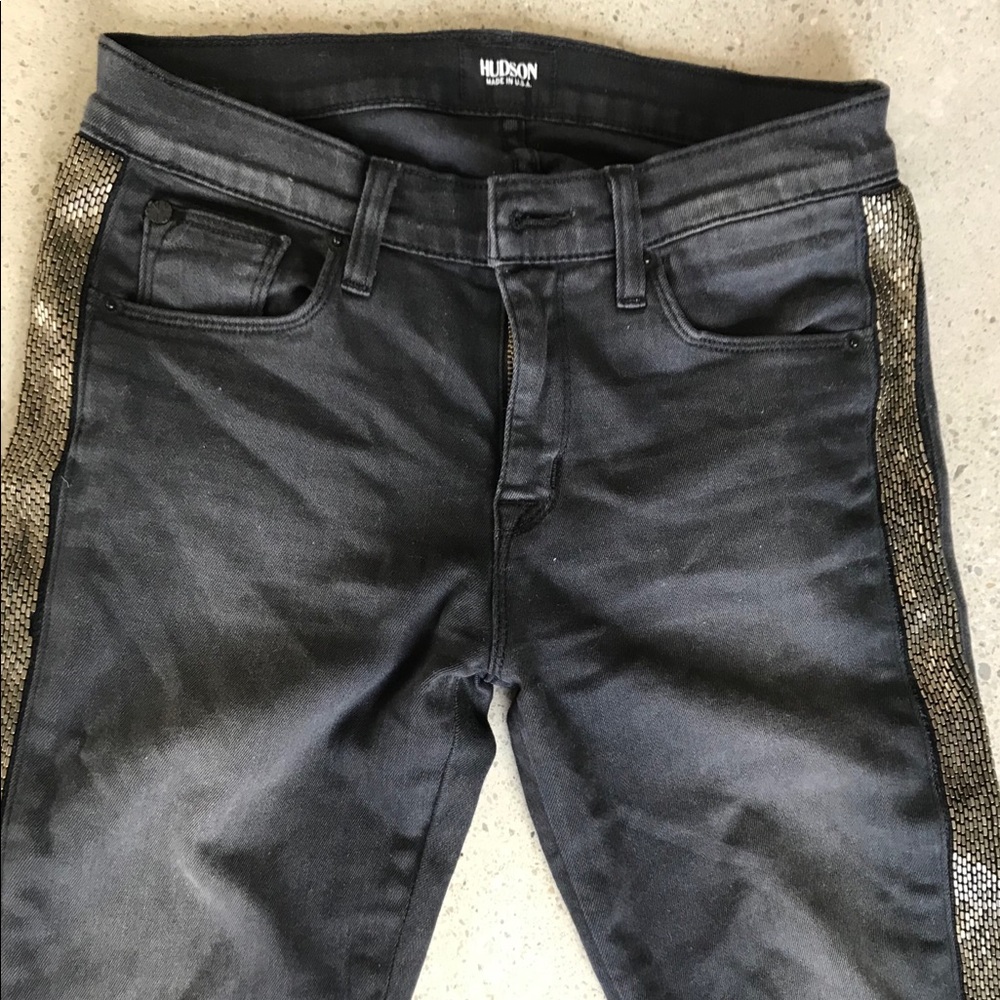 Black hudson skinny jeans with gold beading